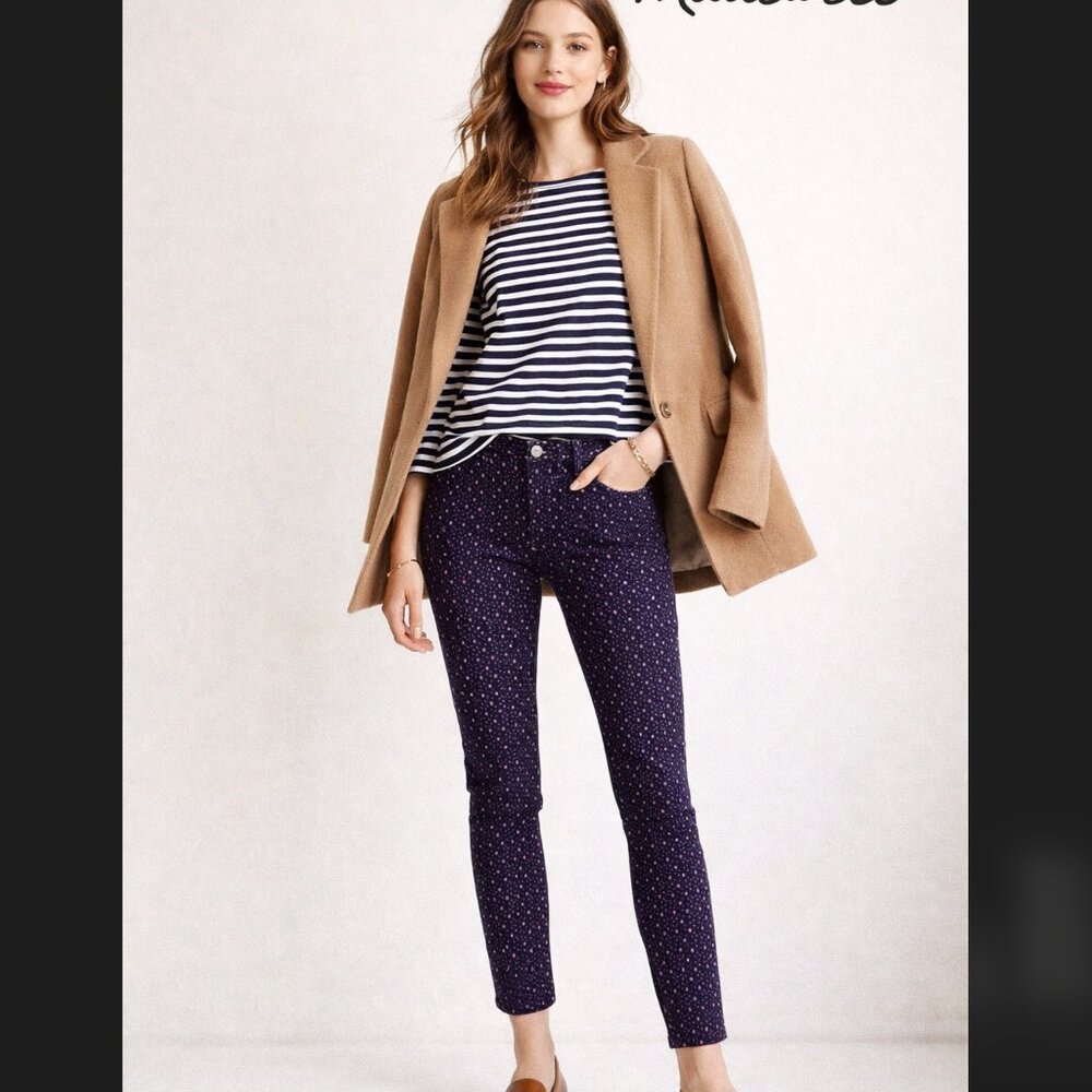 Madewell Corduroy Skinny Pants 28 31W x 27L Navy Pink Polka Dot Mid Rise Ankle
